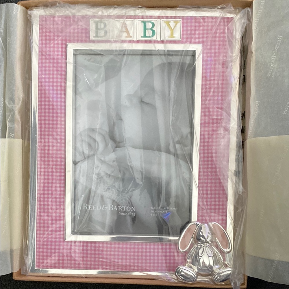 Pink Gingham Baby Photo Frame with Silver Bunny
